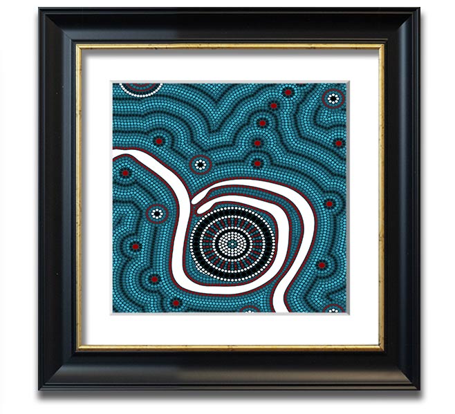 Aboriginal Pattern 1 Square Framed Print showcasing vibrant colors and unique design, ready to hang.